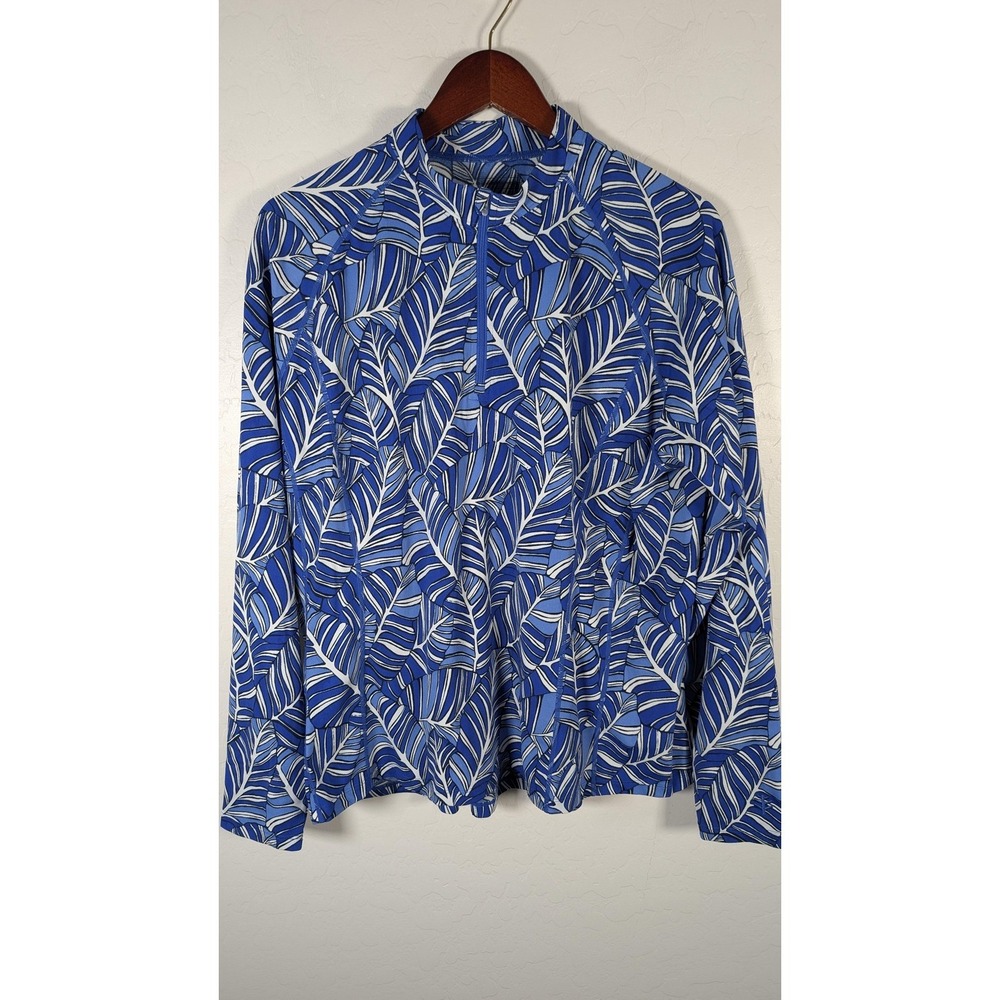 Coolibar Freestyle Rash Guard Shirt Women XXL Blue Leaf UPF 50+ Swim Top Pocket